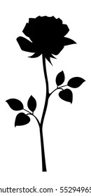 Vector black silhouette of rose with stem isolated on a white background.