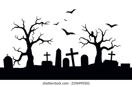 Vector black silhouette of a scary cemetery landscape with graves, crooked trees and flying bats - halloween themed seamless panorama