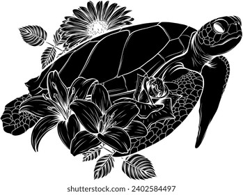 vector black silhouette of sea turtle with flower on white background svg