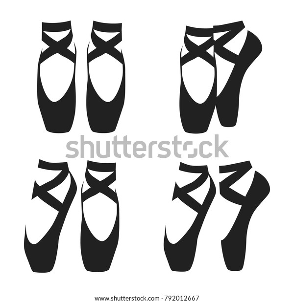 Vector black silhouette set of ballet\
shoes in classic positions isolated on white\
background