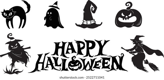 Conjunto de siluetas negras de Vector de Halloween, texto "Feliz Halloween", sombrero de bruja y escoba con Ilustraciones vectoriales de gato, fantasma y calabaza aisladas sobre un fondo blanco.