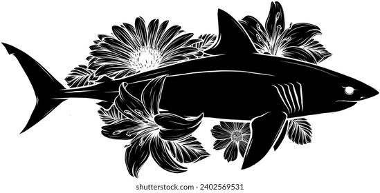 vector black silhouette of shark with flower