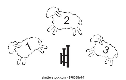 Vector black silhouette of sheeps jumping over the fence