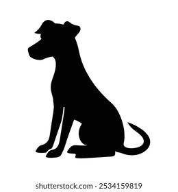 Vector black silhouette of a sitting dog isolated on a white background.
