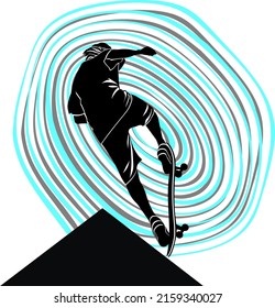 Vector black silhouette of skateboarder on white