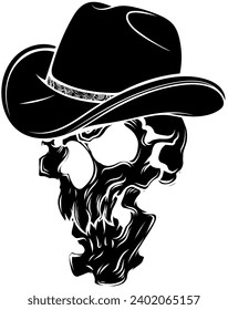 vector black silhouette of Skull cowboy on white background