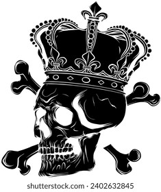 vector black silhouette of skull with crown on white background
