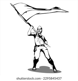 vector black silhouette of soldier or hero holding flag