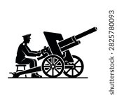 Vector black silhouette of a soldier sitting on a stool next to an antique cannon with large wooden wheels. Historical military equipment concept.