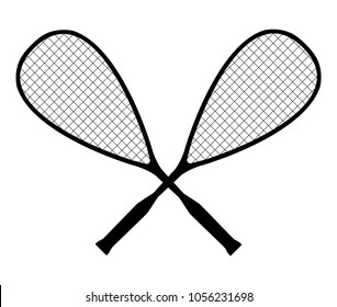 Vector black silhouette of squash or racketball crossed rackets with ball