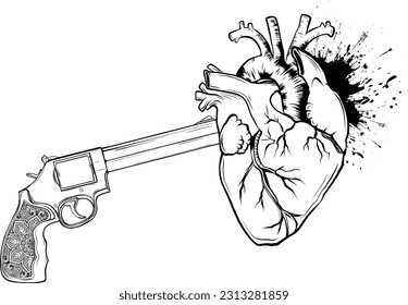 vector Black silhouette of a stylish black pistol which is blowing a heart instead of shooting bullets