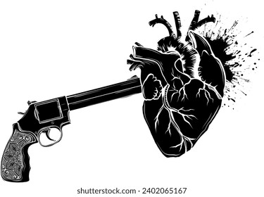 vector Black silhouette of a stylish black pistol which is blowing a heart instead of shooting bullets