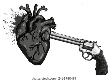 Vektorgrafik Schwarze Silhouette einer stilvollen schwarzen Pistole, die ein Herz bläst statt Kugeln zu schießen