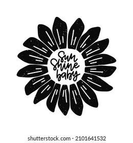 Vector black silhouette sunflower illustration. Hand drawn summer flower isolated on white background. For poster, t shirt print, sticker, card.