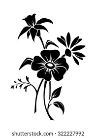 Vector black silhouette of three flowers.