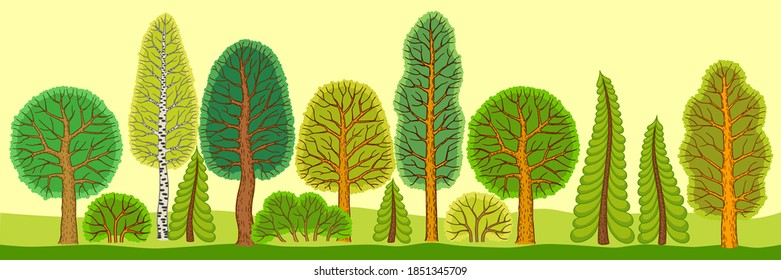 Vektorschwarze Silhouettenbäume sowie Fichte und Büsche einzeln auf weißem Hintergrund. Zweige ohne Blätter. Waldelemente für Design