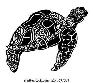 Vector black silhouette of a turtle isolated on a white background.