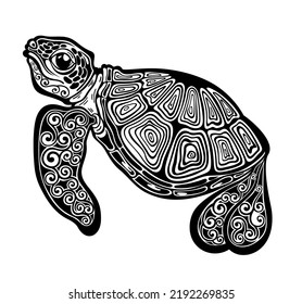 Vector black silhouette of a turtle isolated on a white background.