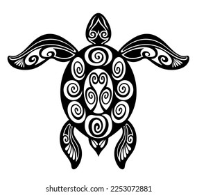 Vector black silhouette of a turtle isolated on a white background.