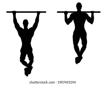 Vector black silhouette of two pull ups positions on a bar isolated on white background