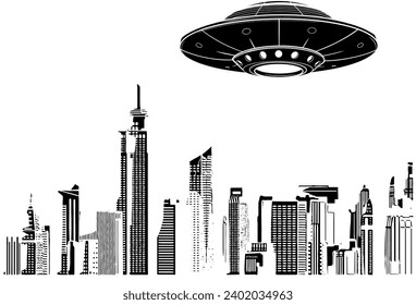 vector black silhouette of ufo left the city