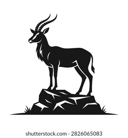 Vector black silhouette of a wild mountain goat standing on a rocky peak. Suitable for safari, wildlife, nature, and adventure themes. Isolated on white background.