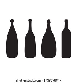 Silueta negra vectorial de botellas de vino aisladas en fondo blanco. Diferentes formas de botellas de vino. 