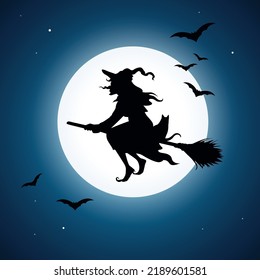 Vector black silhouette of a witch flying on broom with bats and full moon on dark blue sky in the background