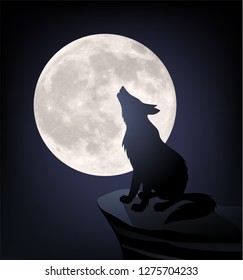 Vector black silhouette of wolf howling at the realistic moon