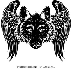 vector black silhouette of wolf with wings