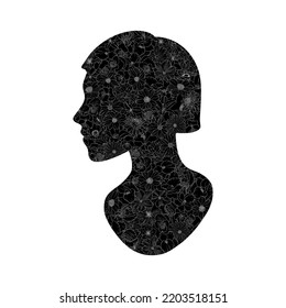 vector black silhouette of woman profile with line drawing flowers, sketch of young girl, hand drawn illustration