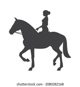 Vector black silhouette of a woman riding a horse. Isolated on white background.