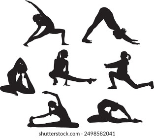 Vector black silhouette women exercise sport warm up, stretching yoga pilates set, collection of shapes of people, black color isolated from white background