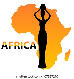 vector black silhouette of women on a map of Africa, orange with the inscription of Africa in black and orange tones