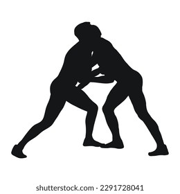 Vector black silhouette of a wrestler athlete in wrestling, duel, fight, struggle, combating. Greco Roman, freestyle wrestling, martial art, sportsmanship.