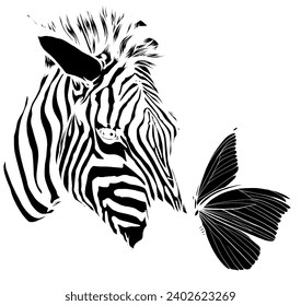 silueta negra vectorial de cabeza de cebra con animal de mariposa