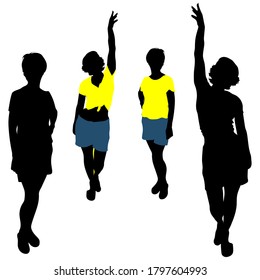 Vector black silhouettes of 2 women with elements of summer clothes in color. Isolated over white background. Two female figures stand in full growth, the girl raised one hand up.