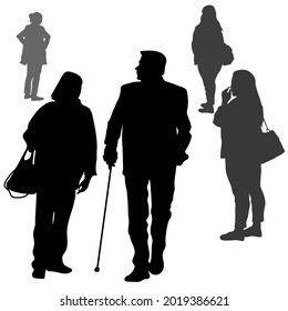 Vector black silhouettes of 5 people, an elderly couple are walking nearby, a man with a cane, a woman with a bag, a girl is standing, hands in her hips, a girl with a bag back, isolated on a white