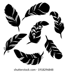 Vector black silhouettes of beautiful abstract feathers on a white background