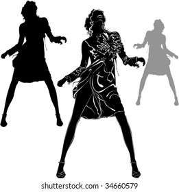 Vector black silhouettes of beautiful dancing woman on white background