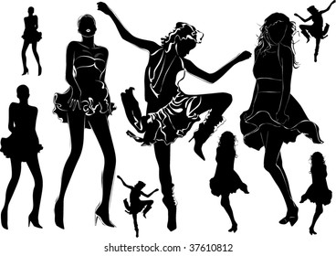 A lot of vector black silhouettes of beautiful dancing woman on white background