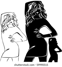 Vector black silhouettes of beautiful dancing woman on white background