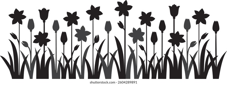 Vector of black silhouettes of beautiful flowers