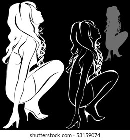 A lot of vector black silhouettes of beautiful sitting woman on black  background
