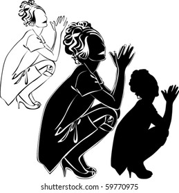 Vector black silhouettes of beautiful sitting woman on white background
