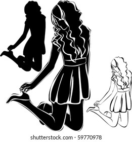 Vector black silhouettes of beautiful sitting woman on white background