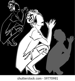Vector black silhouettes of beautiful sitting woman on black background
