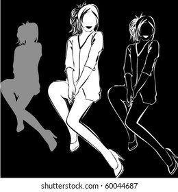 Vector black silhouettes of beautiful sitting woman on black background