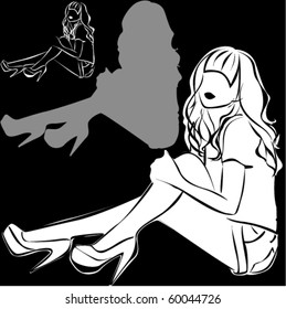 Vector black silhouettes of beautiful sitting woman on black background