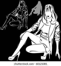 Vector black silhouettes of beautiful sitting woman on black background